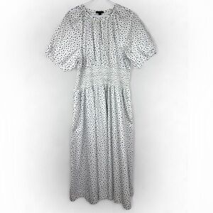 J Crew Puff Sleeve Smocked Waist Midi Dress White Blue Dots Plus Size 2X Pockets